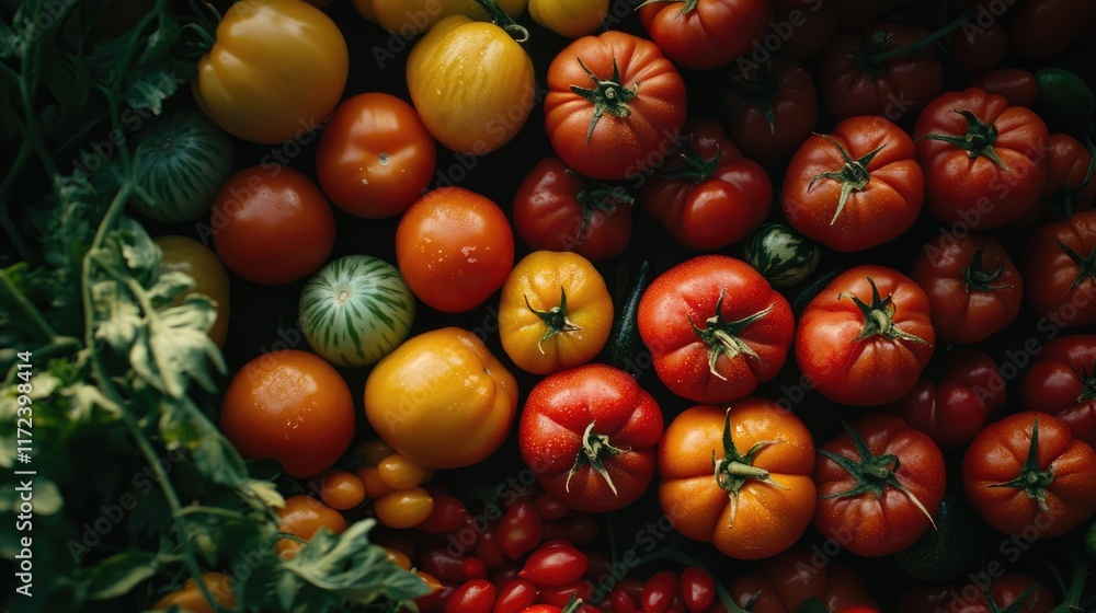 Poster Variety of fresh tomatoes in an overhead view showcasing vibrant colors and textures in a rustic setting