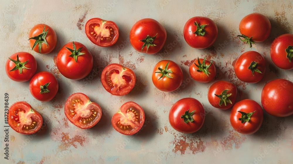 Poster overhead view of vibrant whole and sliced tomatoes arranged on a light textured surface showcasing f