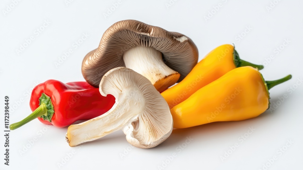 Poster assorted oyster mushrooms and colorful peppers arranged harmoniously on a clean white background for