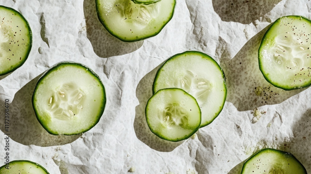 Poster overhead flat lay of fresh cucumber slices arranged on crumpled paper surface with natural light and