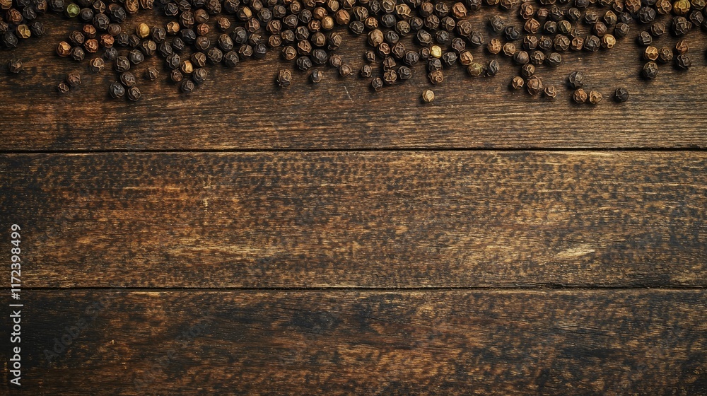 Poster Overhead view of black peppercorns scattered on rustic wooden surface creating a natural background for culinary themes