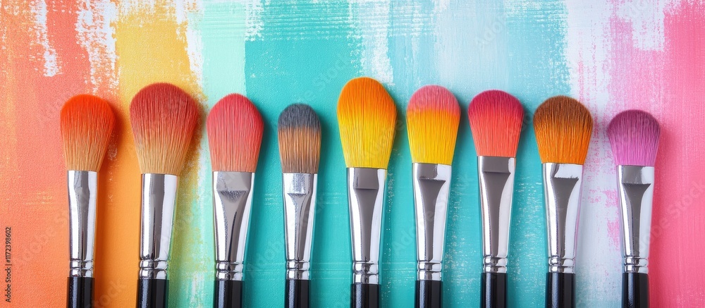 Poster Paintbrushes displayed alongside colorful paint samples on a sketch backdrop for artistic project development and creative inspiration