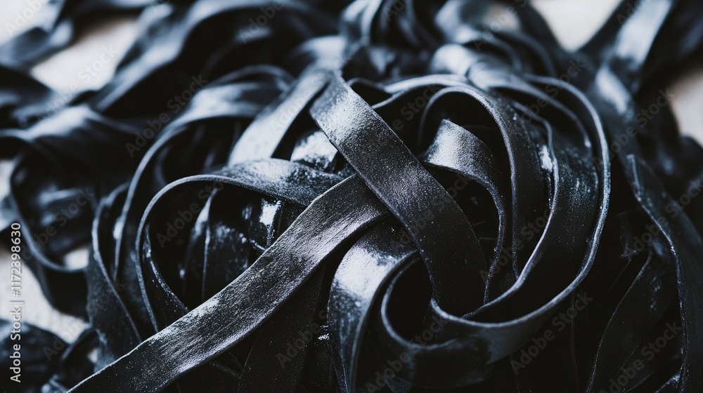 Poster overhead view of freshly made squid ink pasta showcasing the process of creating vibrant black fettu