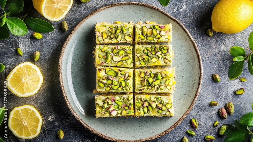 Poster lemon bars topped with pistachio nuts arranged on a decorative plate with fresh lemons and leaves on