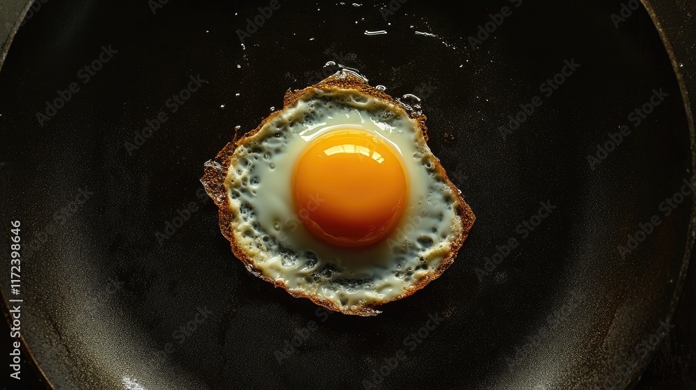 Poster Star shaped egg in a frying pan overhead view with crispy edges and a bright yolk against dark background creating a striking visual contrast