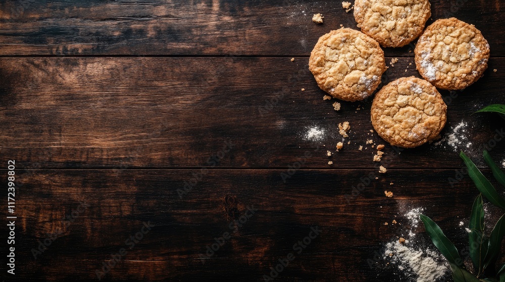 Poster freshly baked cookies on a rustic wooden table with scattered flour and ingredients creating a cozy 