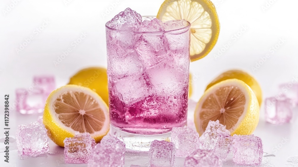 Poster Refreshing pink cocktail with ice and lemon garnish surrounded by lemon slices and sparkling ice cubes on a light backdrop.