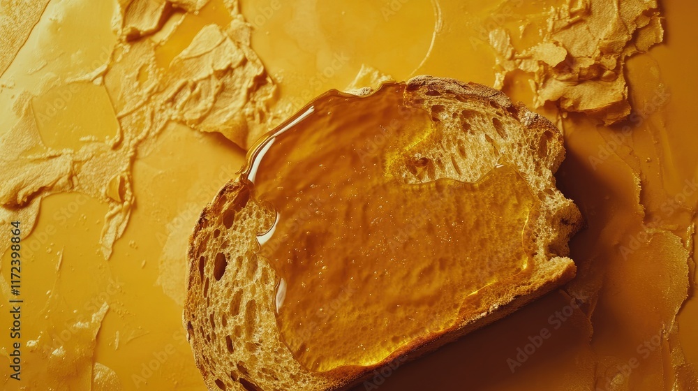 Poster overhead shot of a slice of bread topped with golden honey showcasing breakfast or snack concept and