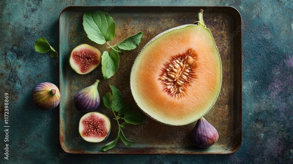 Aufkleber overhead view of ripe melon and fresh figs arranged on a rustic tray surrounded by green leaves for 