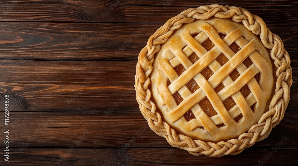 Poster overhead view of a beautifully braided lattice pie on a rustic wooden table showcasing traditional b