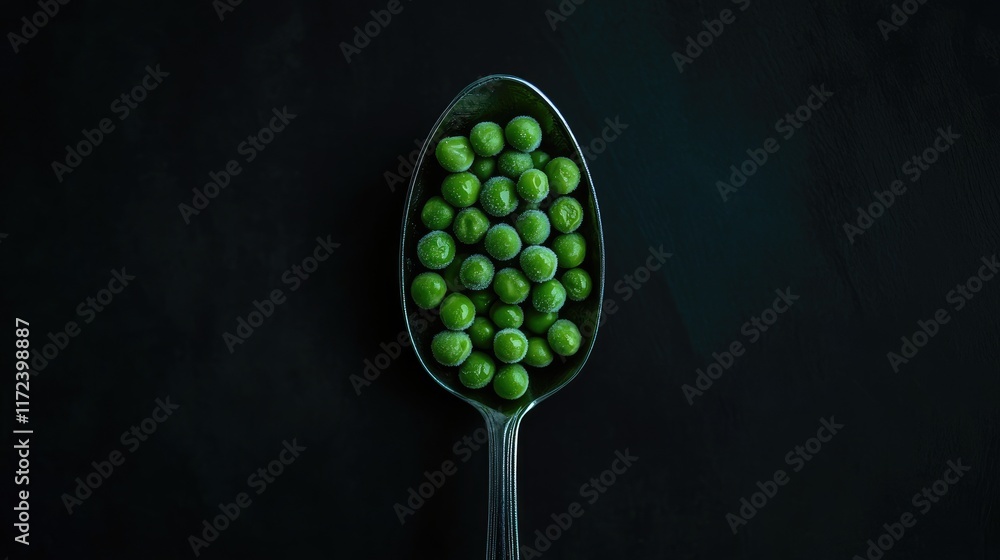 Poster overhead shot of fresh green peas arranged in a silver spoon on a dark background emphasizing their 