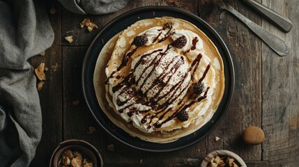 Gourmet crepe pancakes topped with whipped cream and chocolate sauce on rustic wooden table perfect for breakfast or dessert display