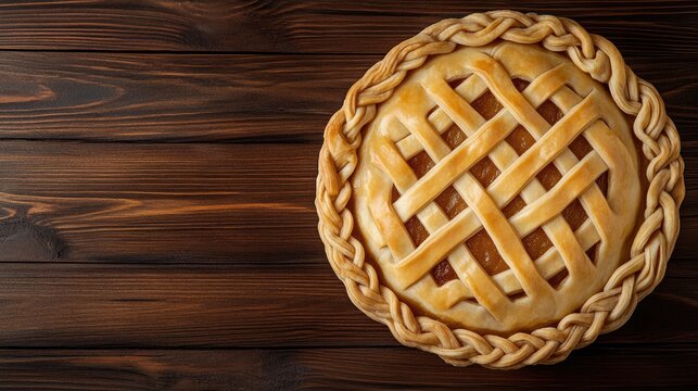 Overhead view of a beautifully braided lattice pie on a rustic wooden table showcasing traditional baking techniques and presentation.