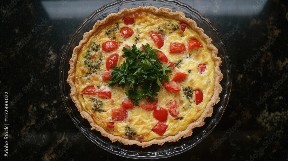 Aufkleber overhead view of fresh quiche topped with vibrant tomatoes and parsley on a dark granite surface