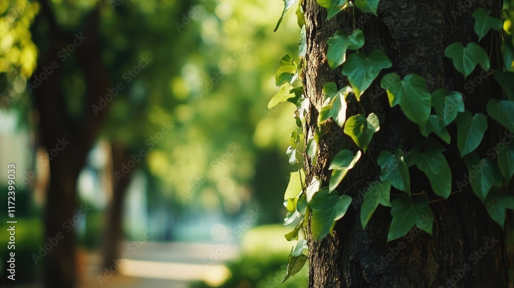Aufkleber lush green ivy climbing an old tree trunk in a serene park setting with blurred background of leafy 