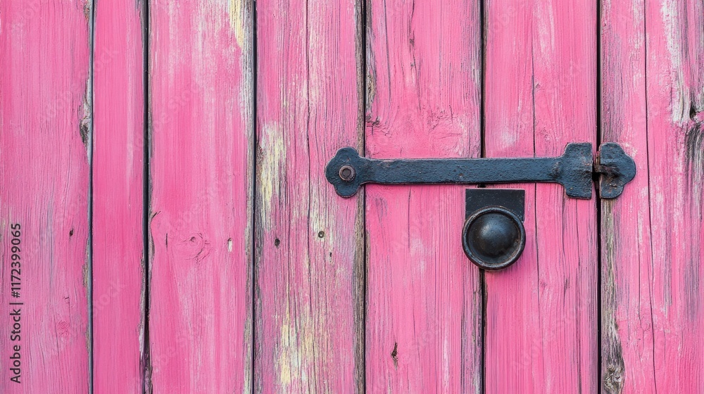 Poster textured pink wooden boards with rustic elements and vintage door latch for creative backgrounds and
