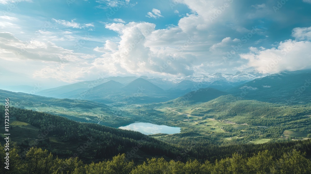 Aufkleber panoramic view of lush green mountains and serene lake under a dramatic sky with clouds