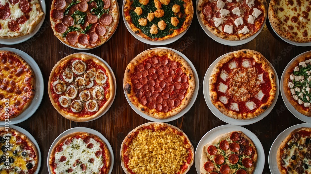 Aufkleber Overhead view of various freshly baked pizzas on wooden table arranged in a vibrant and appetizing display