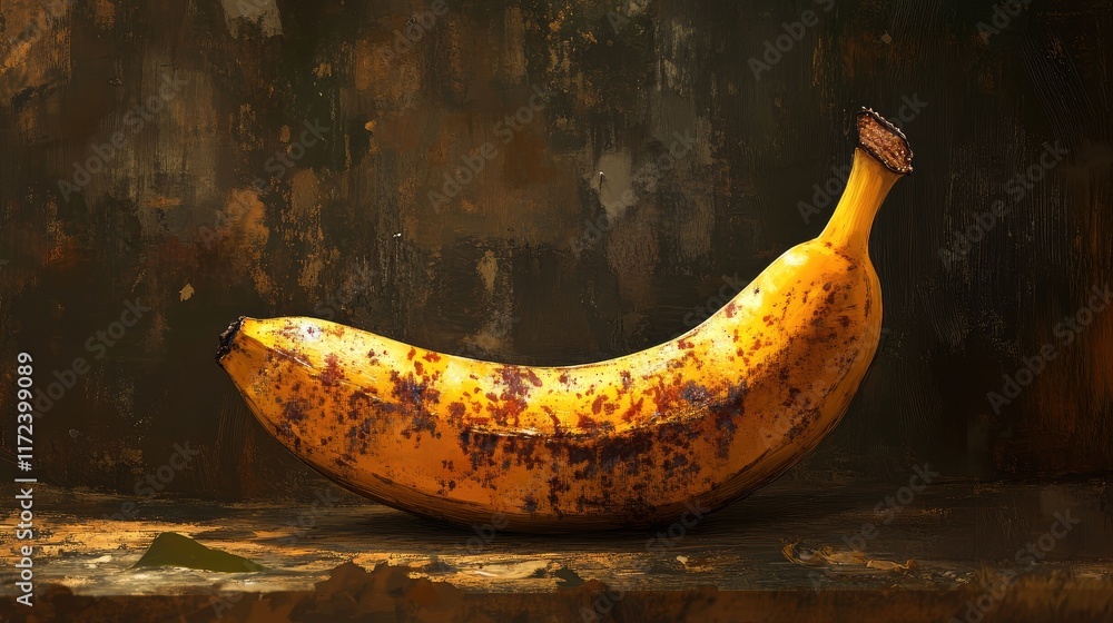 Poster overripe banana with dark spots on a textured background showcasing its natural decay and ripeness i