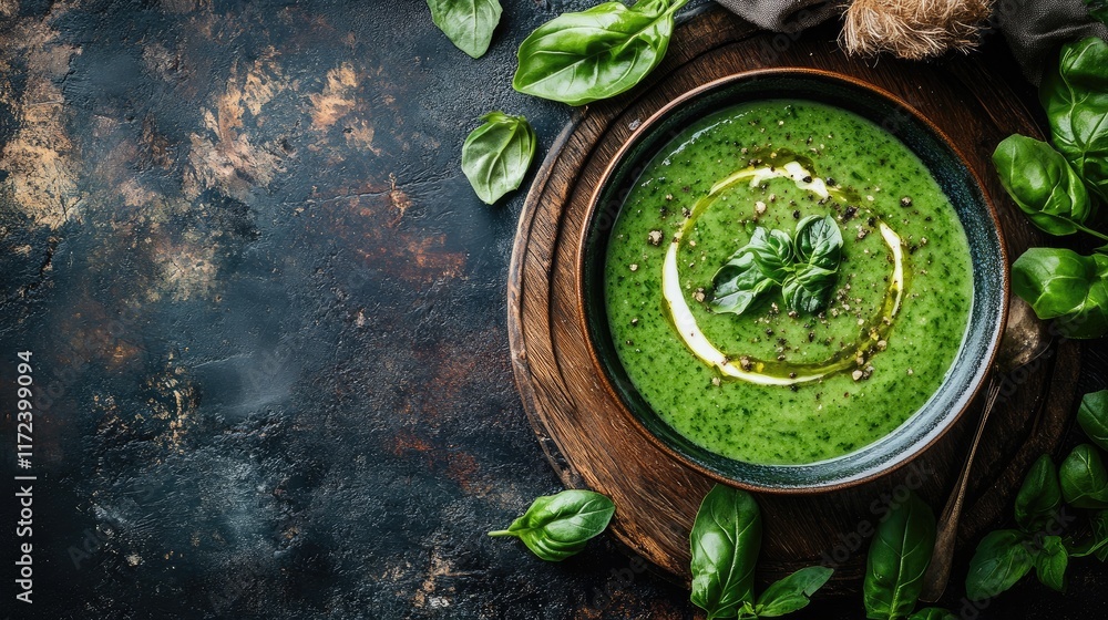 Poster overhead view of creamy green soup garnished with fresh basil leaves on rustic wooden table