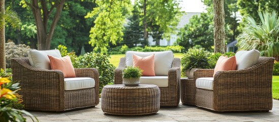 Fototapeta premium Cozy wicker chairs in a serene landscaped backyard ideal for relaxation on warm sunny days