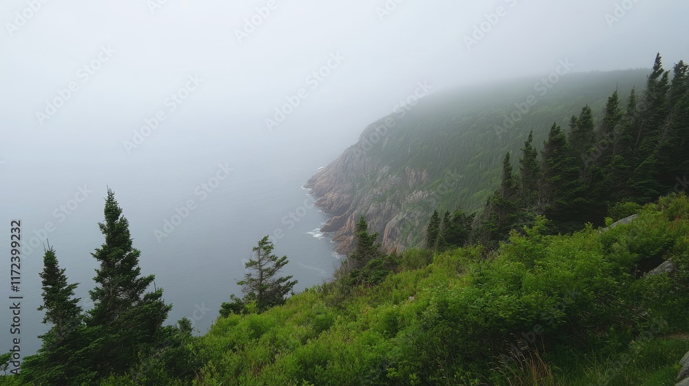 Poster misty coastal landscape with dense fog and lush greenery in the background