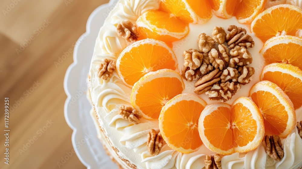 Poster overhead view of a decorative cake topped with fresh orange slices and walnut pieces for elegant des