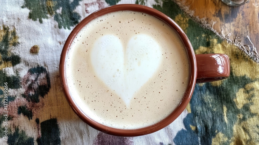 Poster overhead view of a latte in a brown cup featuring a heart-shaped foam design on creamy steamed milk