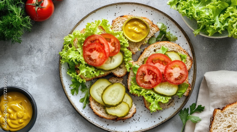 Poster Overhead view of fresh open sandwiches with lettuce tomatoes and pickles served on a rustic plate with mustard on a gray background