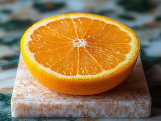 A fresh, vibrant orange half displayed on a textured surface.
