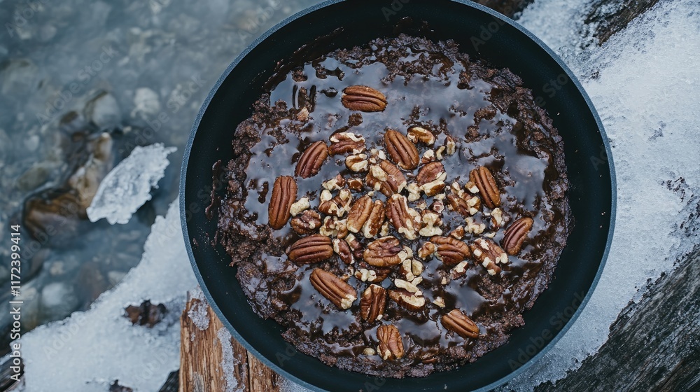 Poster Overhead view of chocolate pecan pie in a rustic pan surrounded by natural elements and winter scenery