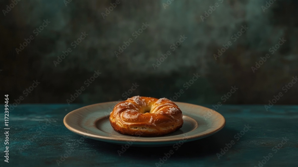 Poster overhead shot of a golden sweet pretzel on a rustic plate with a textured background showcasing culi