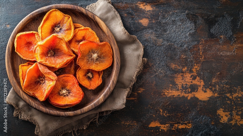 Poster sun dried persimmons arranged attractively on a rustic wooden plate enhancing the natural textures a