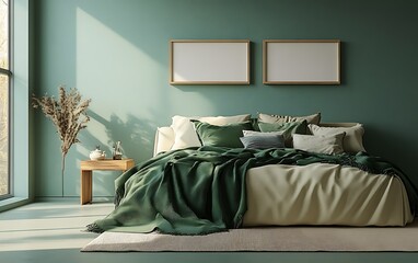 Sunlit green bedroom, cozy bed, calm interior design, morning light, home decor.