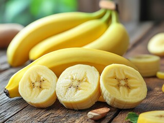 A bunch of ripe bananas with sliced pieces on a wooden surface.
