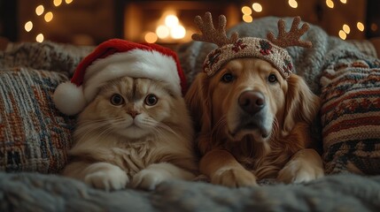 Festive cat and dog wearing holiday hats, cozy by a warm fireplace