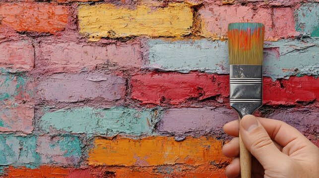 Colorful brick wall, paintbrush, hand, art project, textured background, DIY home decor.