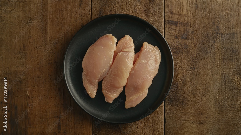 Poster raw chicken breasts arranged on a black plate set on rustic wooden table for culinary and food prepa