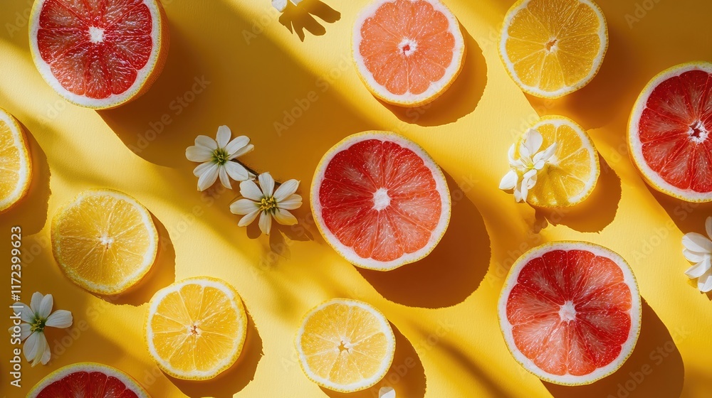 Poster sliced citrus fruits arranged on a yellow background with white flowers creating a vibrant and fresh