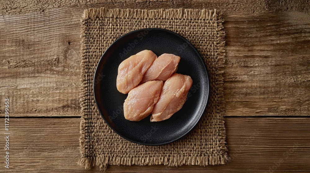 Poster Raw chicken fillets on a black plate atop a rustic table mat against a wooden table background in an overhead flatlay view