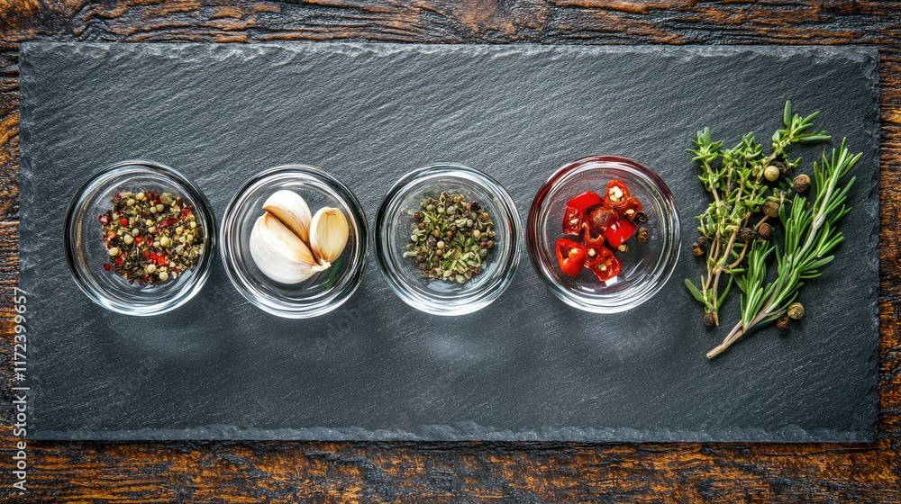 Aufkleber overhead view of glass bowls with garlic and assorted herb spices on gray slate surface against a da