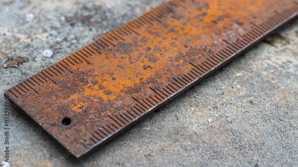 Poster Rusty metal ruler closeup showing oxidation and weathered texture on a concrete surface in natural light.