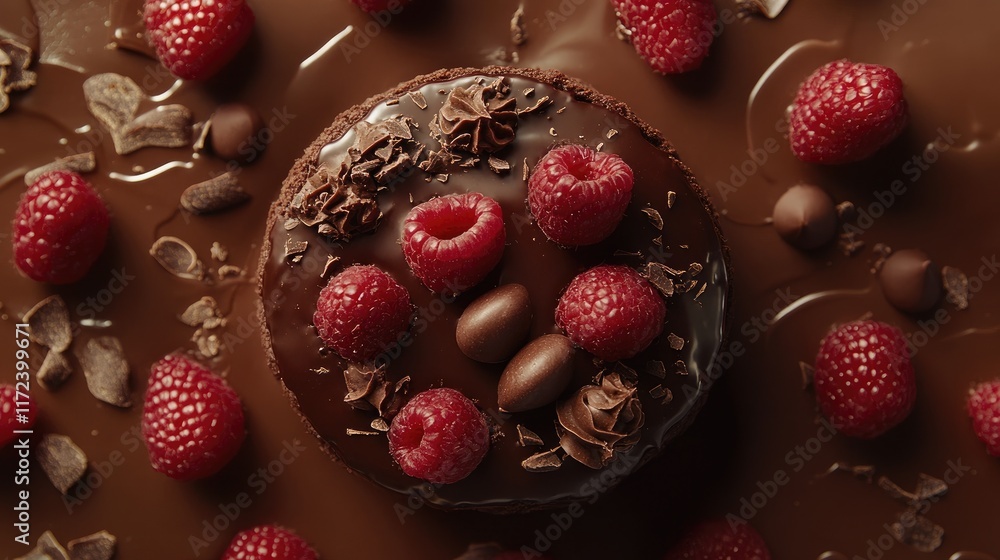Poster overhead view of a decadent chocolate cake topped with fresh raspberries and chocolate shavings on a