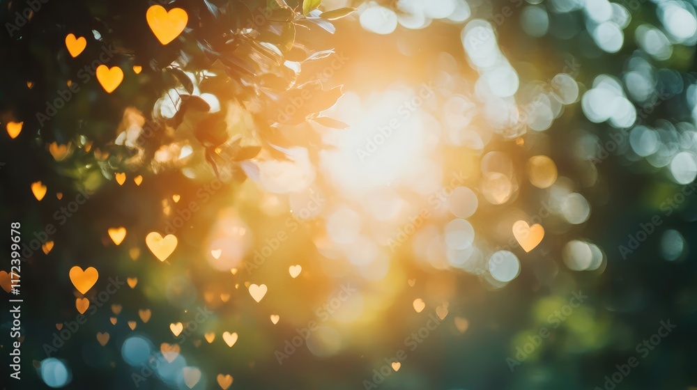 Poster Bokeh hearts background for romantic card design with soft focus and warm sunlight creating a dreamy atmosphere