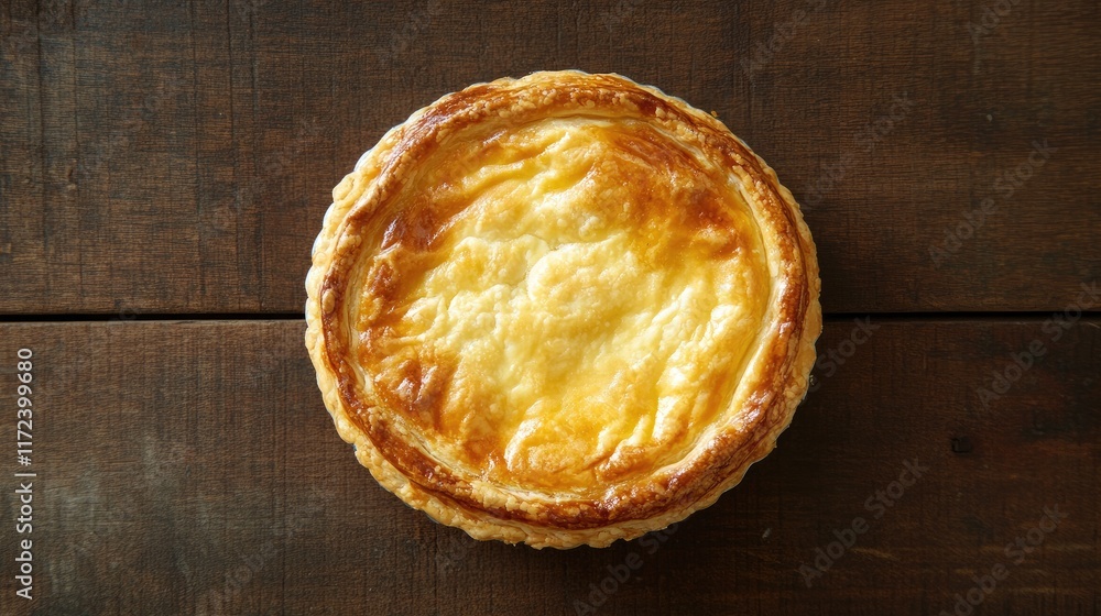 Poster overhead shot of a golden brown freshly baked pie on a rustic wooden table showcasing its flaky crus