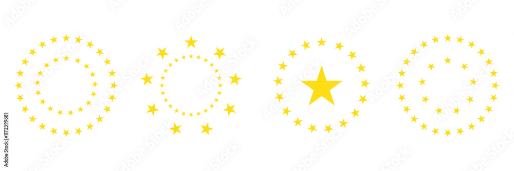 Poster print stars of various sizes arranged in a circle. round frame, border. black star shape, simple sym