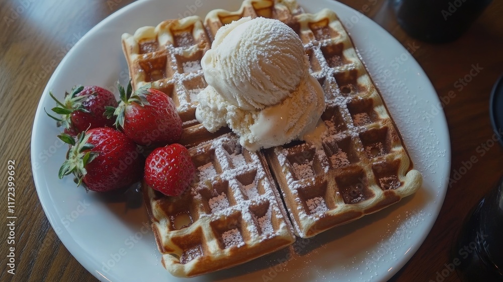 Poster overhead view of indulgent waffles topped with creamy ice cream and fresh strawberries on a white pl
