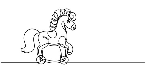 Continuous one line drawing of rocking horse kid toy. Horse toy outline vector illustration. Editable stroke, One continuous line drawing of retro old vintage wooden horse toy. Classic toy kids pro. 
