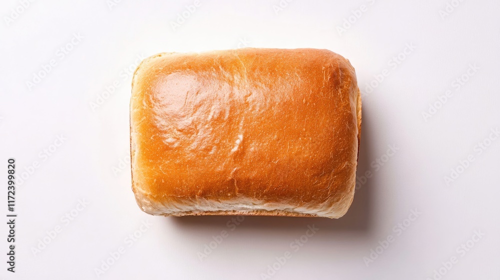 Poster overhead view of a freshly baked loaf of bread on a clean white background showcasing its golden cru