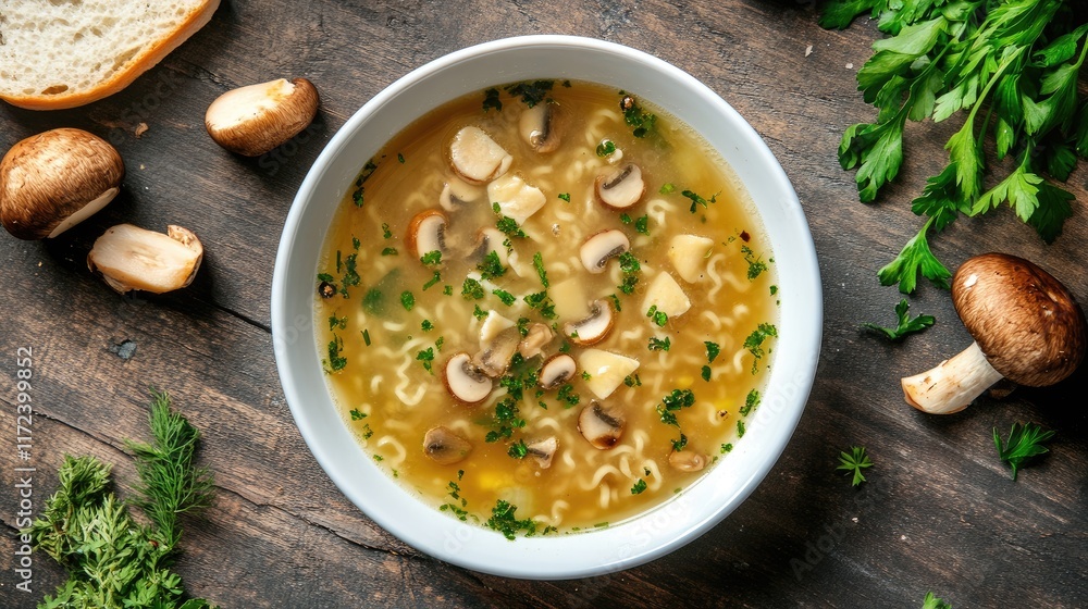 Poster overhead view of delicious noodle soup with mushrooms and herbs served in a bowl on rustic wooden ba